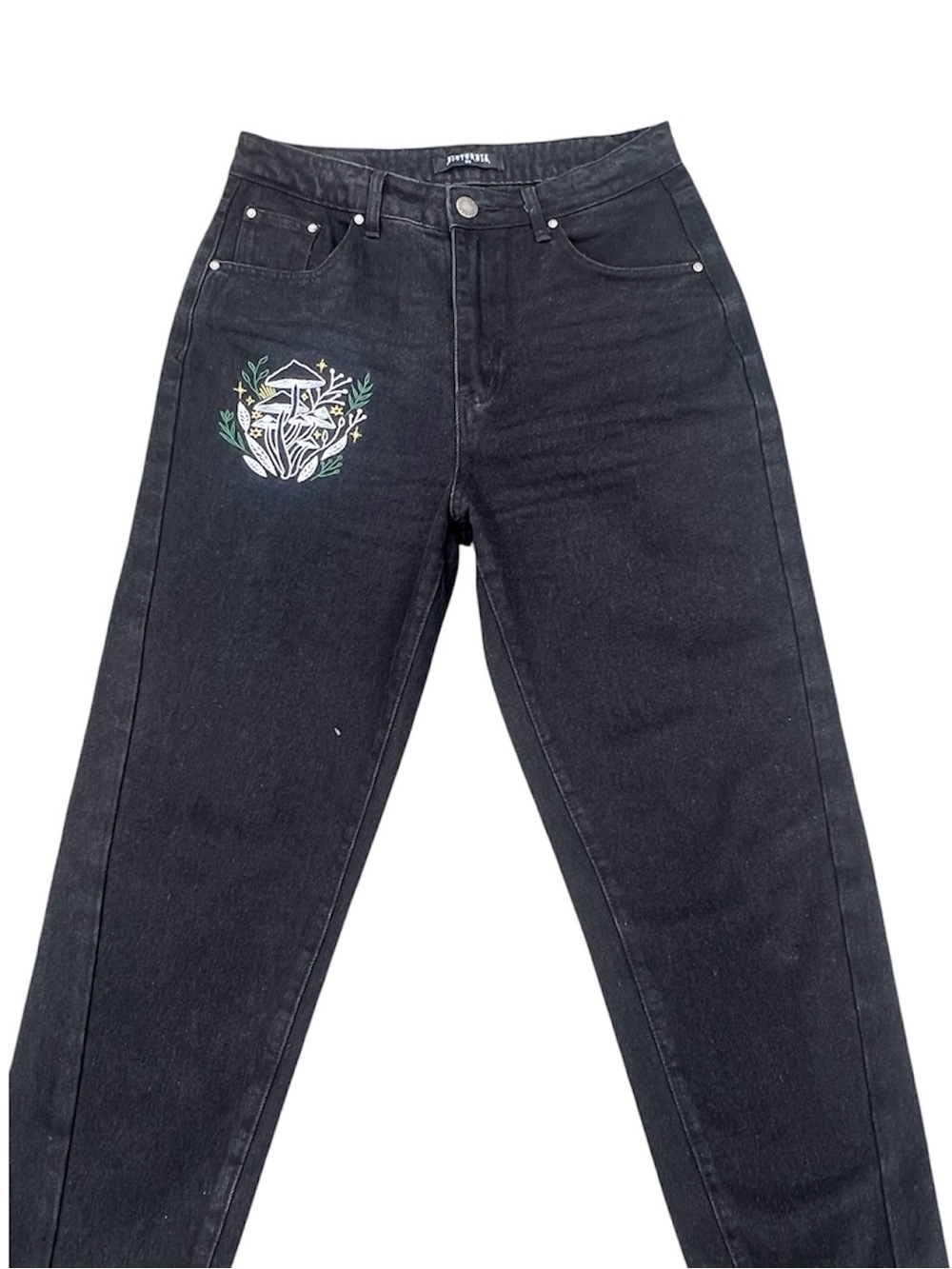 DISTURBIA Goth Embroidered Mycena Mushroom Mom Jeans Black 30 (US 8). - Picture 6 of 11